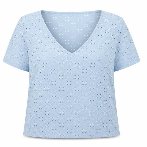 VILA Women's Blue Lace V-Neck Short Sleeve Tunic Blouse Size XL