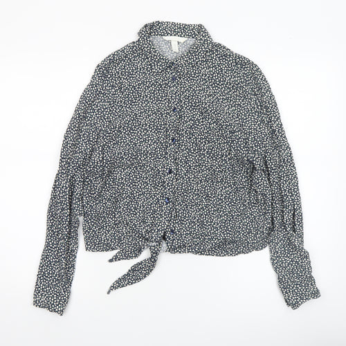 H&M Women's Blue Floral Collared Cropped Blouse Size 12