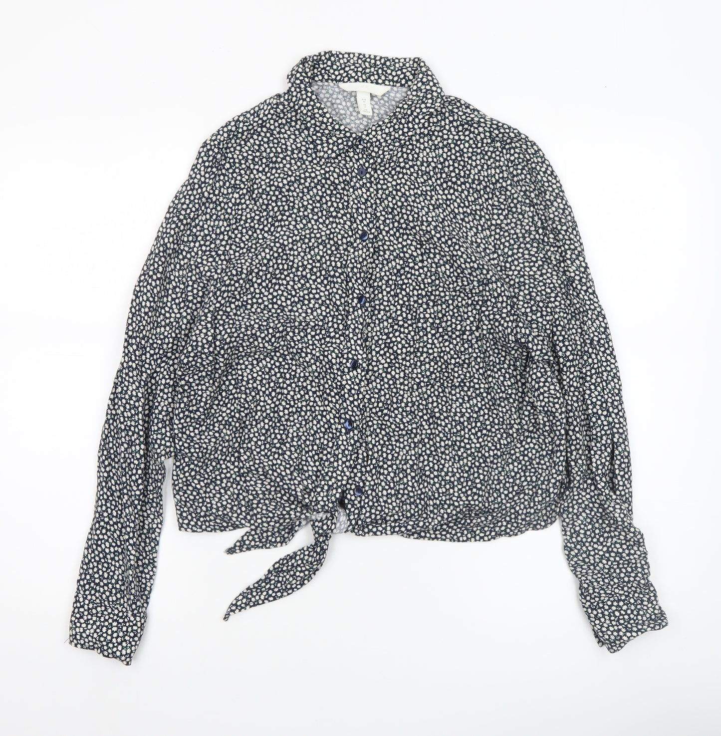 H&M Women's Blue Floral Collared Cropped Blouse Size 12