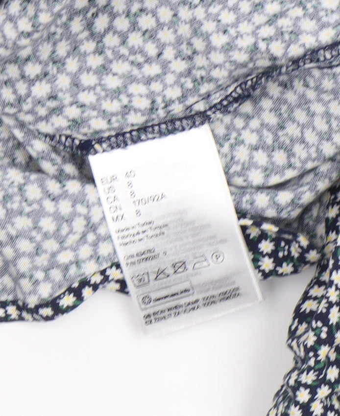 H&M Women's Blue Floral Collared Cropped Blouse Size 12