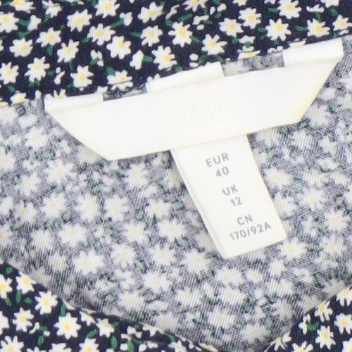 H&M Women's Blue Floral Collared Cropped Blouse Size 12