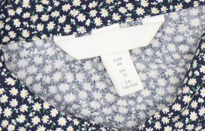 H&M Women's Blue Floral Collared Cropped Blouse Size 12