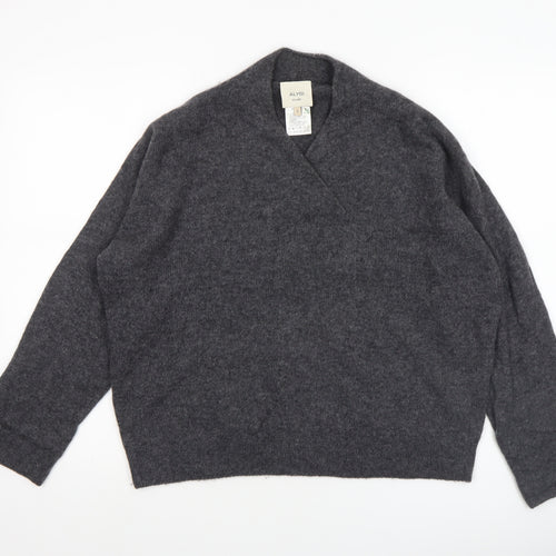 ALYSI Women Grey Small V-Neck Wool Cashmere Pullover Jumper