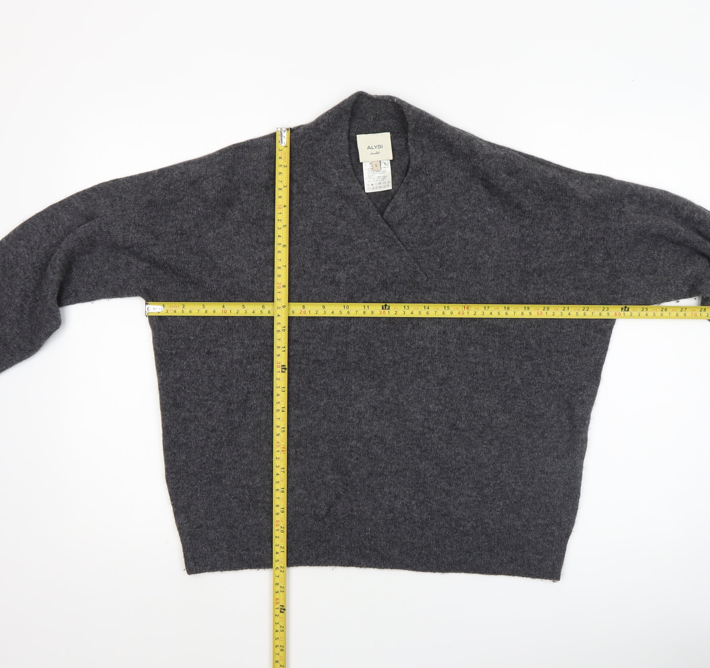 ALYSI Women Grey Small V-Neck Wool Cashmere Pullover Jumper