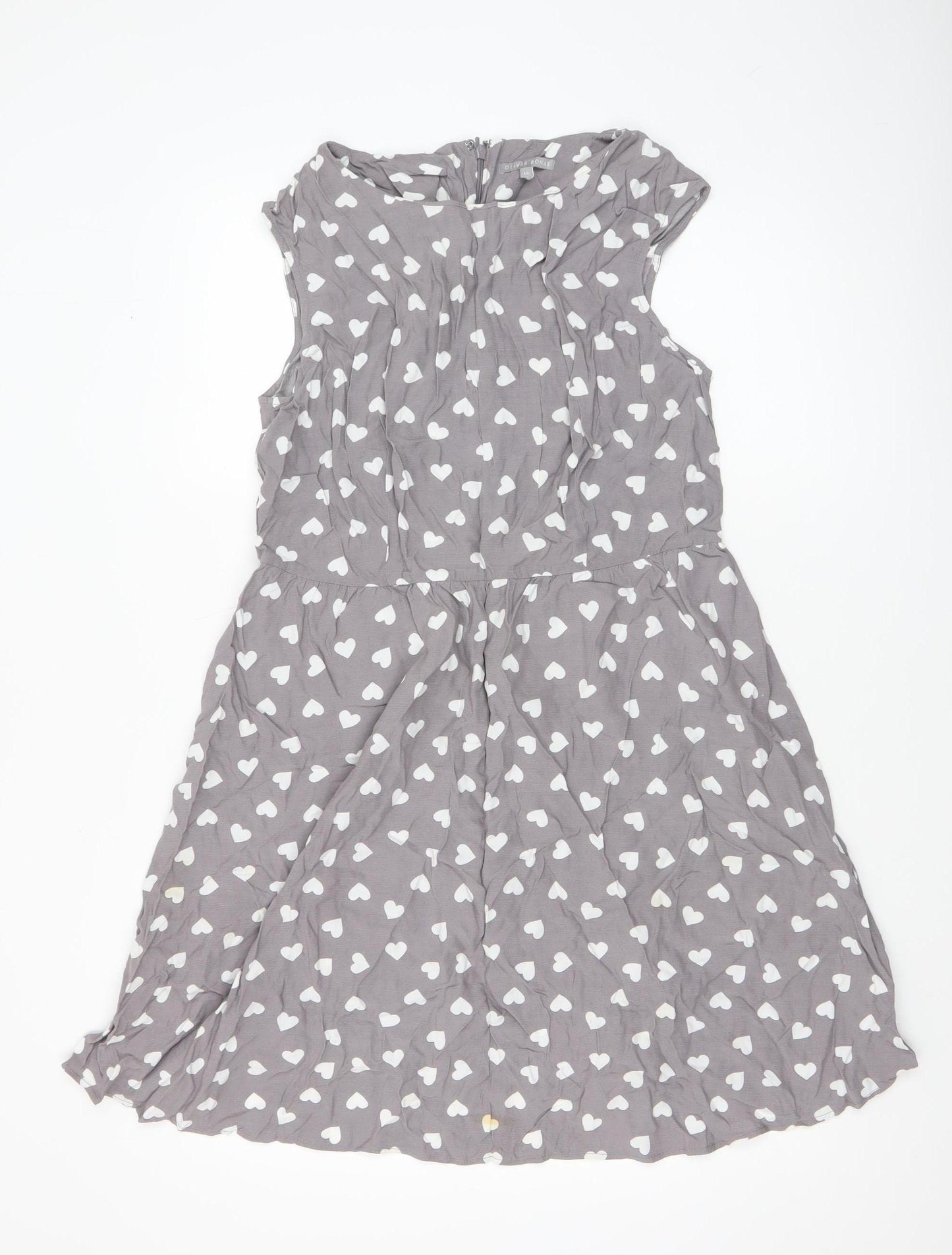 Oliver Bonas Women’s Grey Heart A-Line Dress Size 14 Sleeveless Viscose