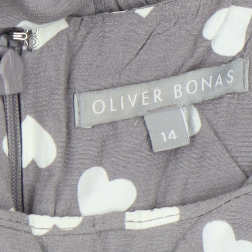 Oliver Bonas Women’s Grey Heart A-Line Dress Size 14 Sleeveless Viscose