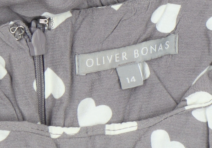 Oliver Bonas Women’s Grey Heart A-Line Dress Size 14 Sleeveless Viscose