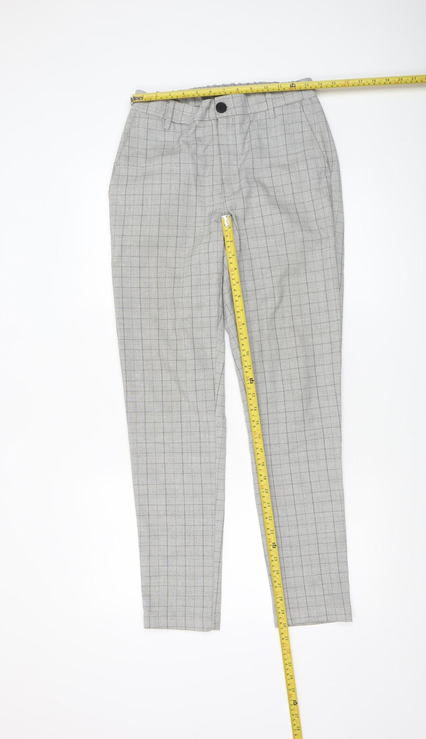 Daily Aesthetikz Men's Grey Check Slim Trousers M Polyester Viscose Blend