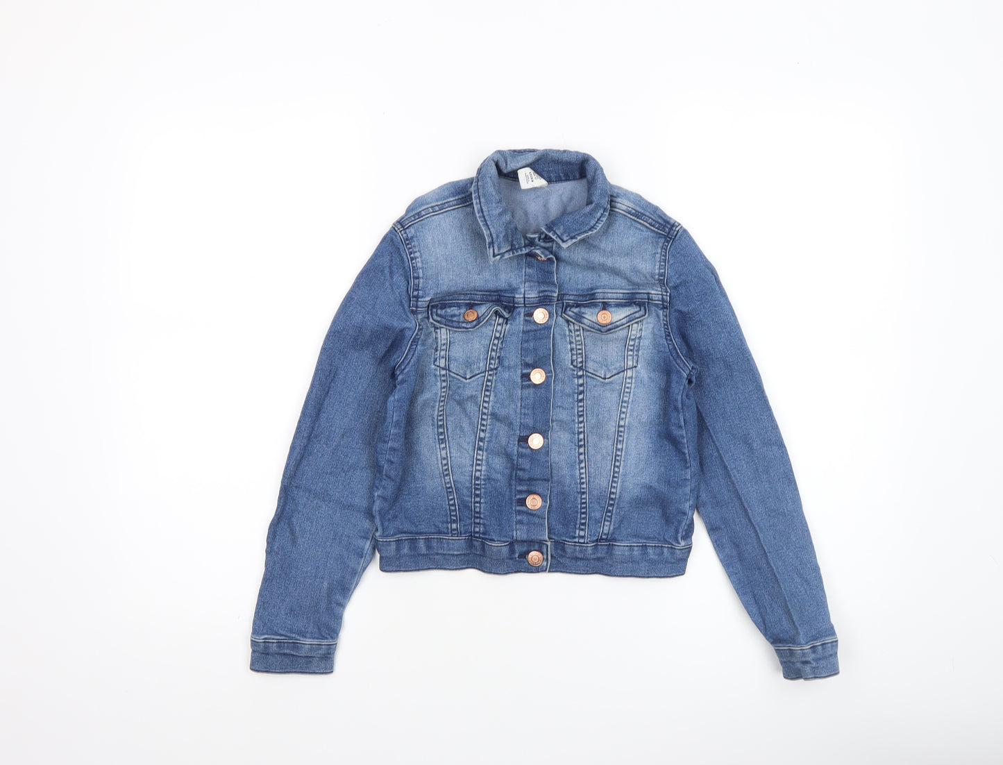 &Denim Girls Blue Basic Jacket 9-10 Years Button Front Cotton Blend