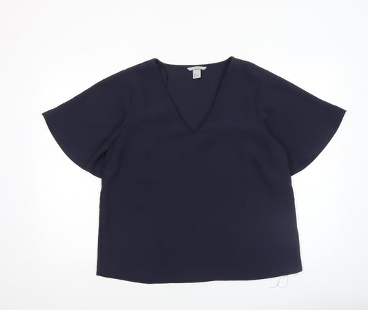 H&M Women’s Navy Blue V-Neck Flutter Sleeve Blouse Size 12