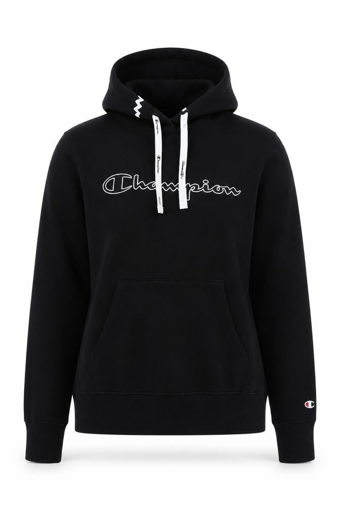 Front view of Champion Women's Black Small Pullover Hoodie with Logo Print