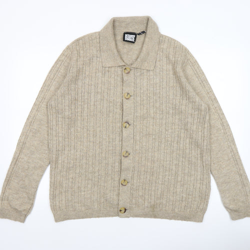 Reclaimed Vintage Men's Beige Wool Collared Cardigan Size S