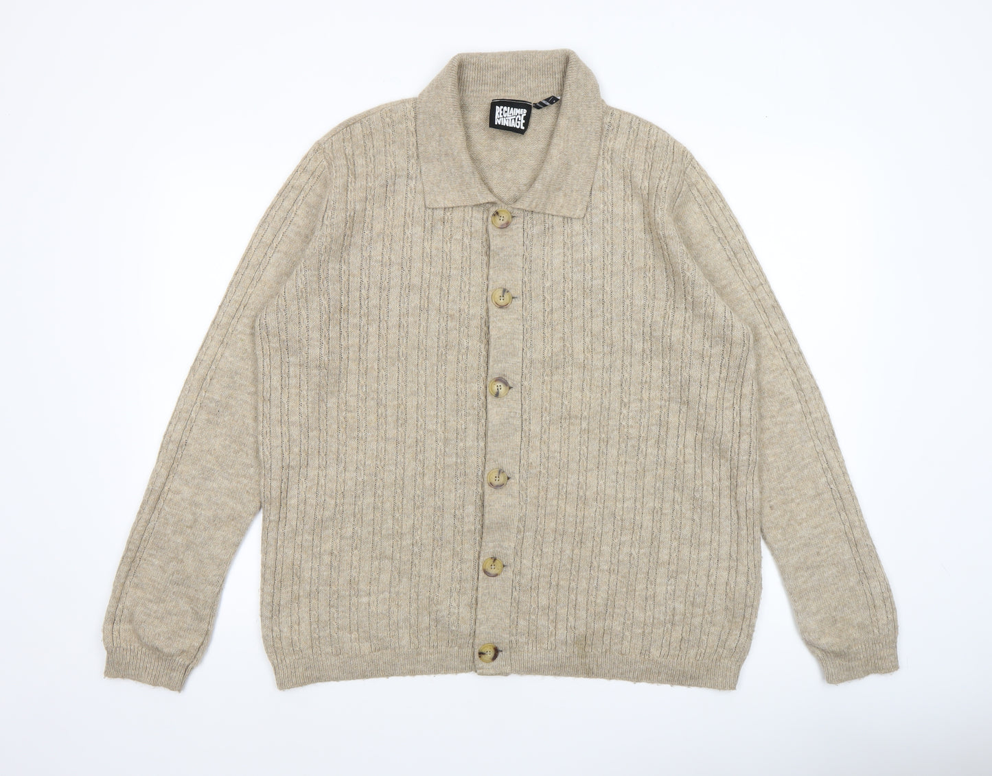 Reclaimed Vintage Men's Beige Wool Collared Cardigan Size S