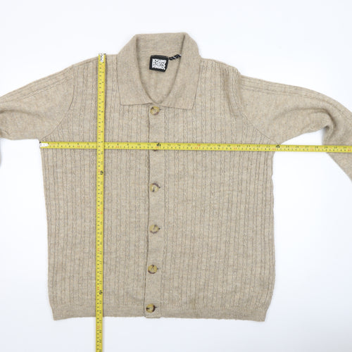 Reclaimed Vintage Men's Beige Wool Collared Cardigan Size S
