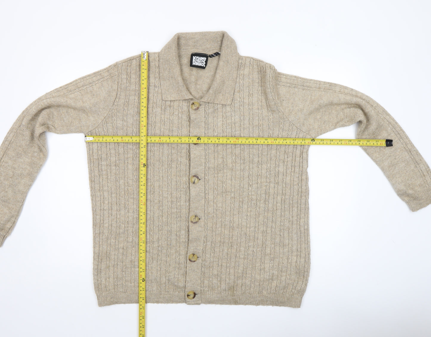 Reclaimed Vintage Men's Beige Wool Collared Cardigan Size S