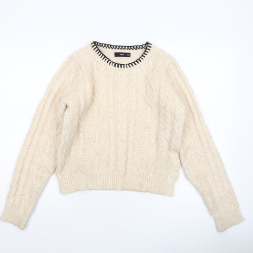 MNG Women’s Ivory Cable-Knit Wool Blend Crew Neck Jumper Size M