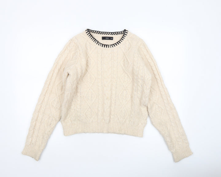 MNG Women’s Ivory Cable-Knit Wool Blend Crew Neck Jumper Size M