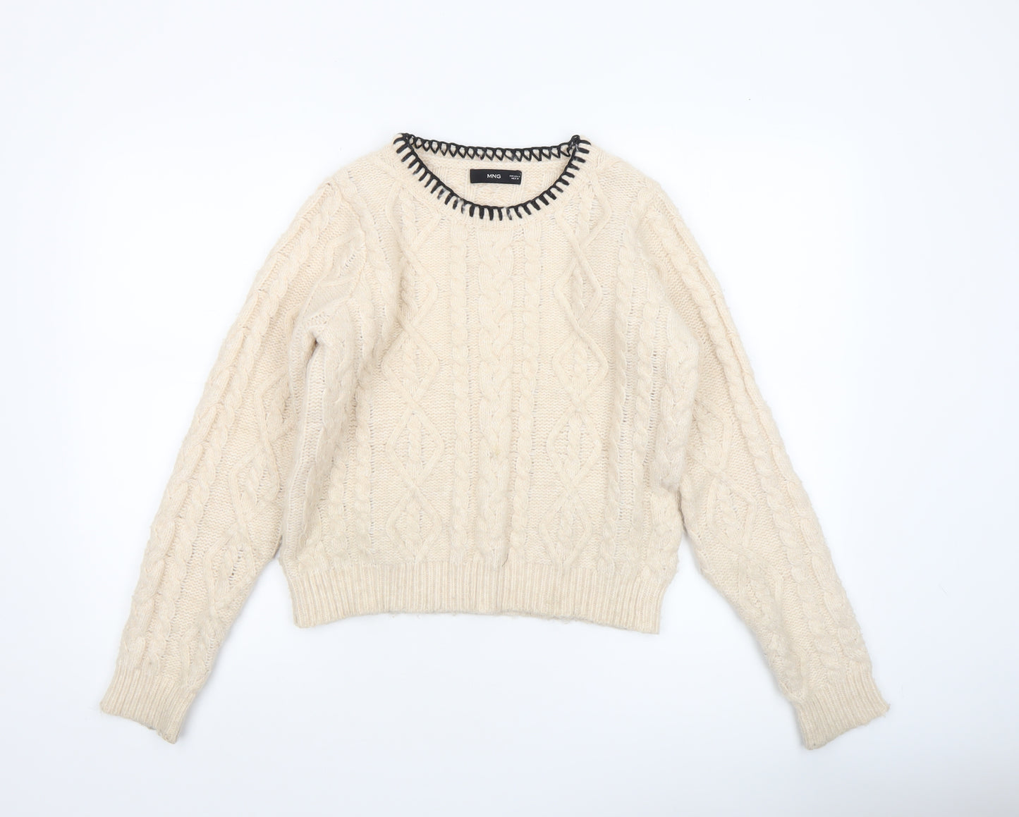 MNG Women’s Ivory Cable-Knit Wool Blend Crew Neck Jumper Size M