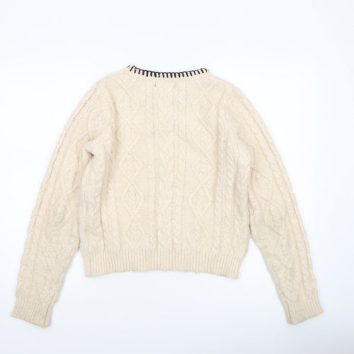 MNG Women’s Ivory Cable-Knit Wool Blend Crew Neck Jumper Size M
