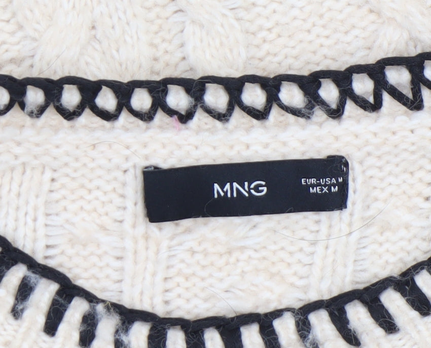 MNG Women’s Ivory Cable-Knit Wool Blend Crew Neck Jumper Size M