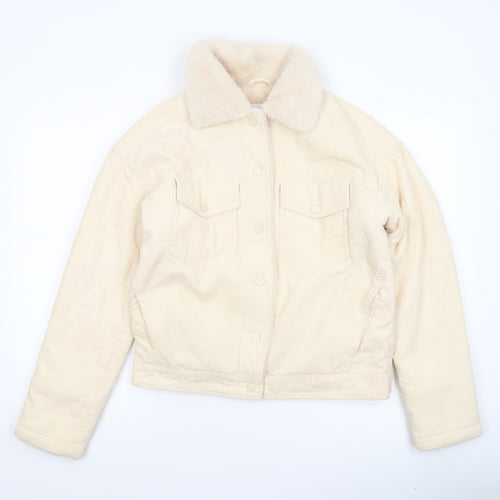 Primark Women Beige Corduroy Fur Collar Lined Jacket Size 6