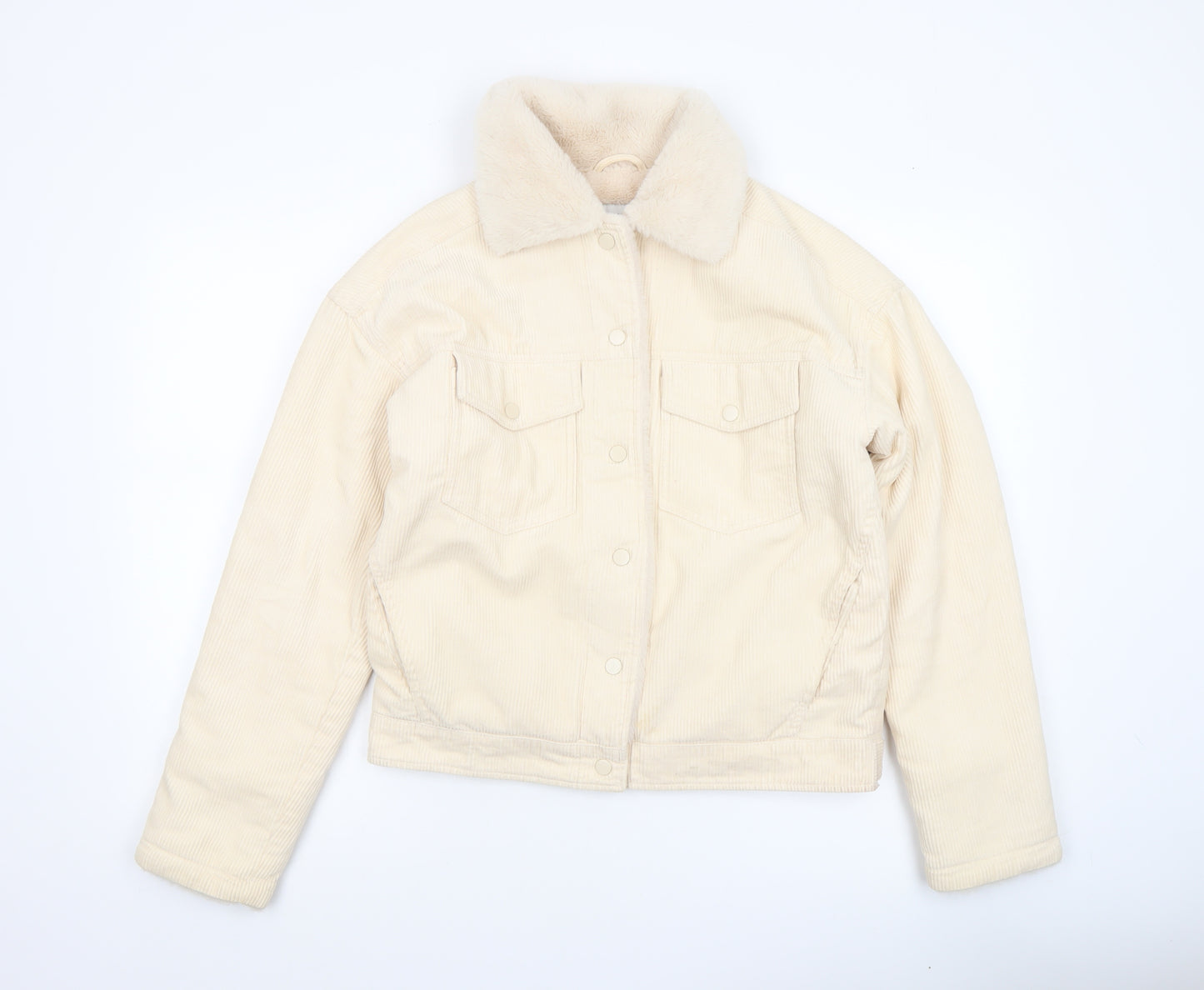 Primark Women Beige Corduroy Fur Collar Lined Jacket Size 6
