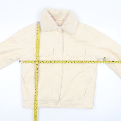 Primark Women Beige Corduroy Fur Collar Lined Jacket Size 6