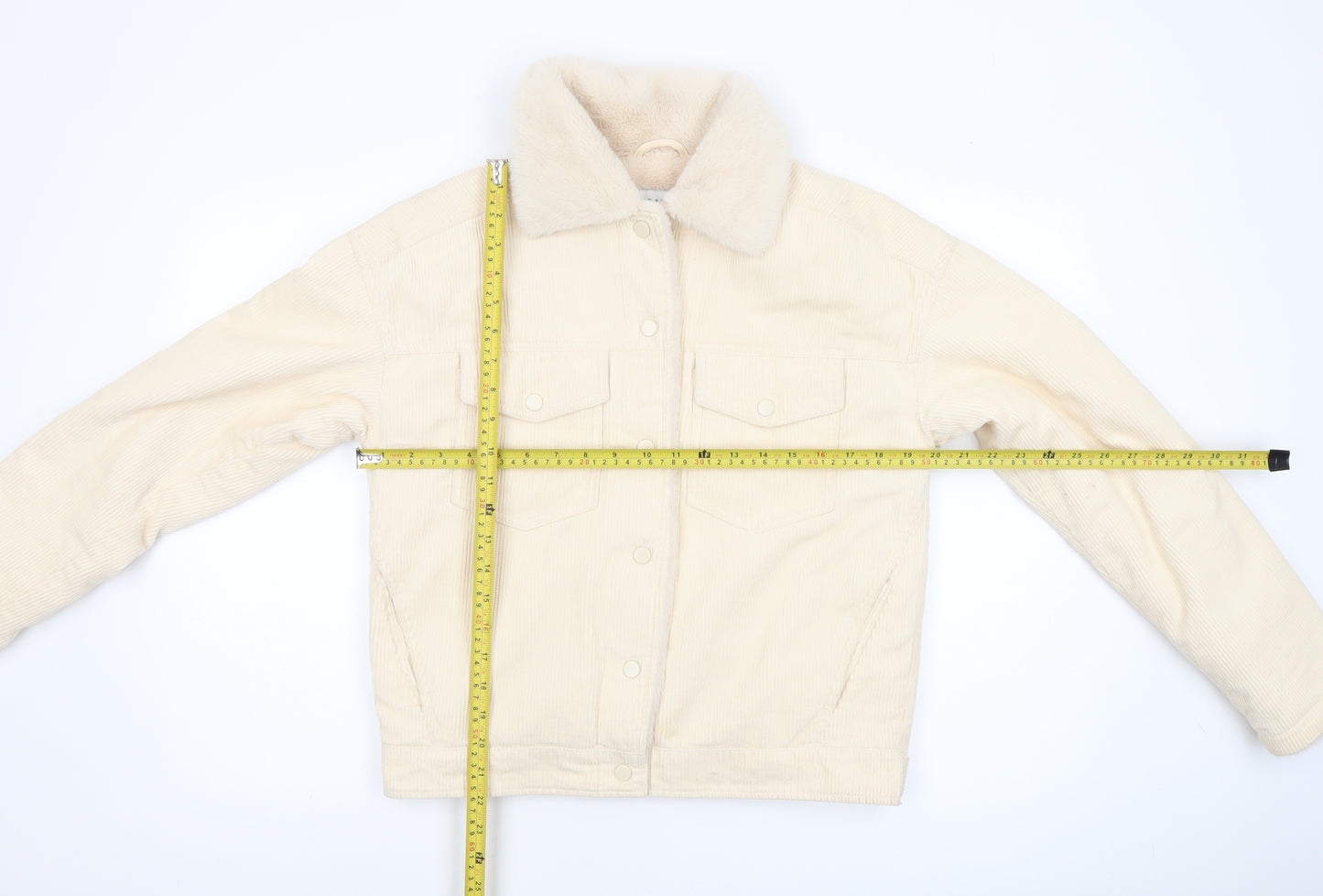 Primark Women Beige Corduroy Fur Collar Lined Jacket Size 6