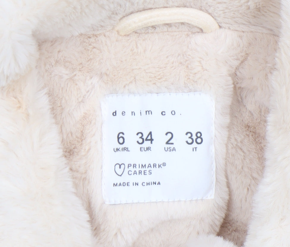 Primark Women Beige Corduroy Fur Collar Lined Jacket Size 6