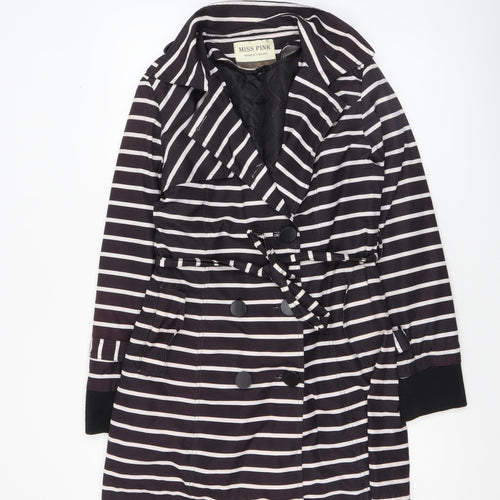 Miss Pink Women's Black Striped Trench Coat UK 16 Belted Mid-Length