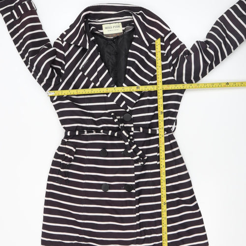 Miss Pink Women's Black Striped Trench Coat UK 16 Belted Mid-Length
