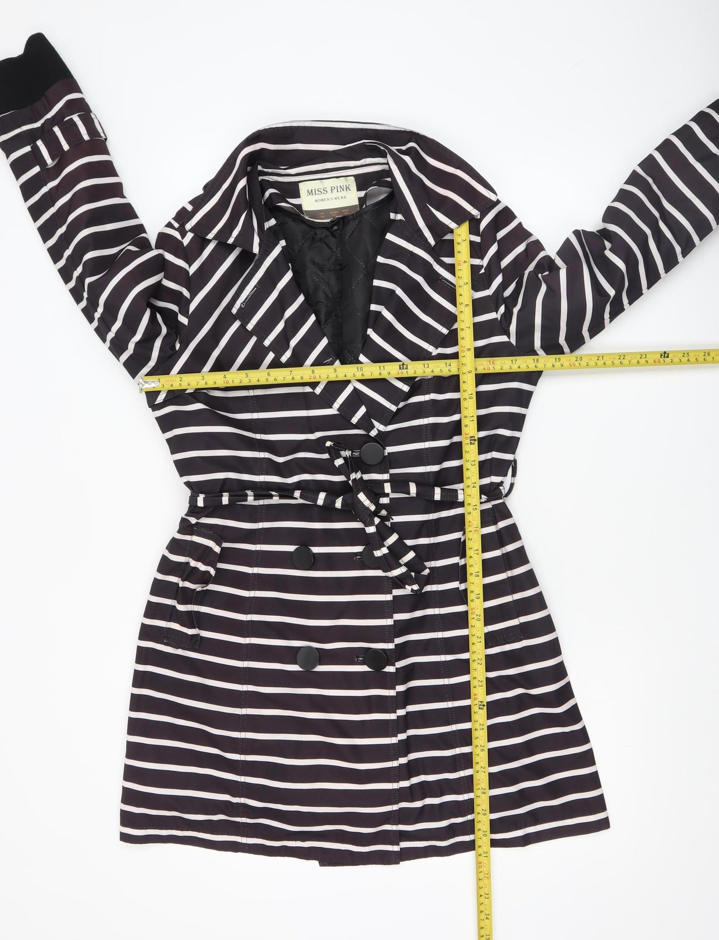 Miss Pink Women's Black Striped Trench Coat UK 16 Belted Mid-Length