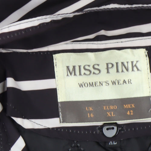 Miss Pink Women's Black Striped Trench Coat UK 16 Belted Mid-Length
