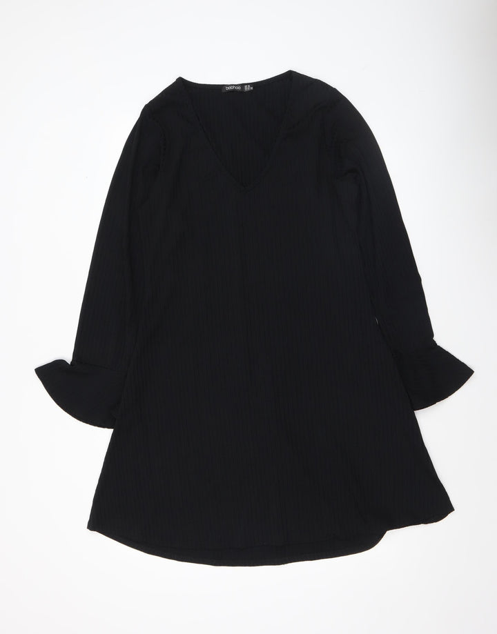 Boohoo Women Black Size 14 V-Neck Long Sleeve Shift Dress