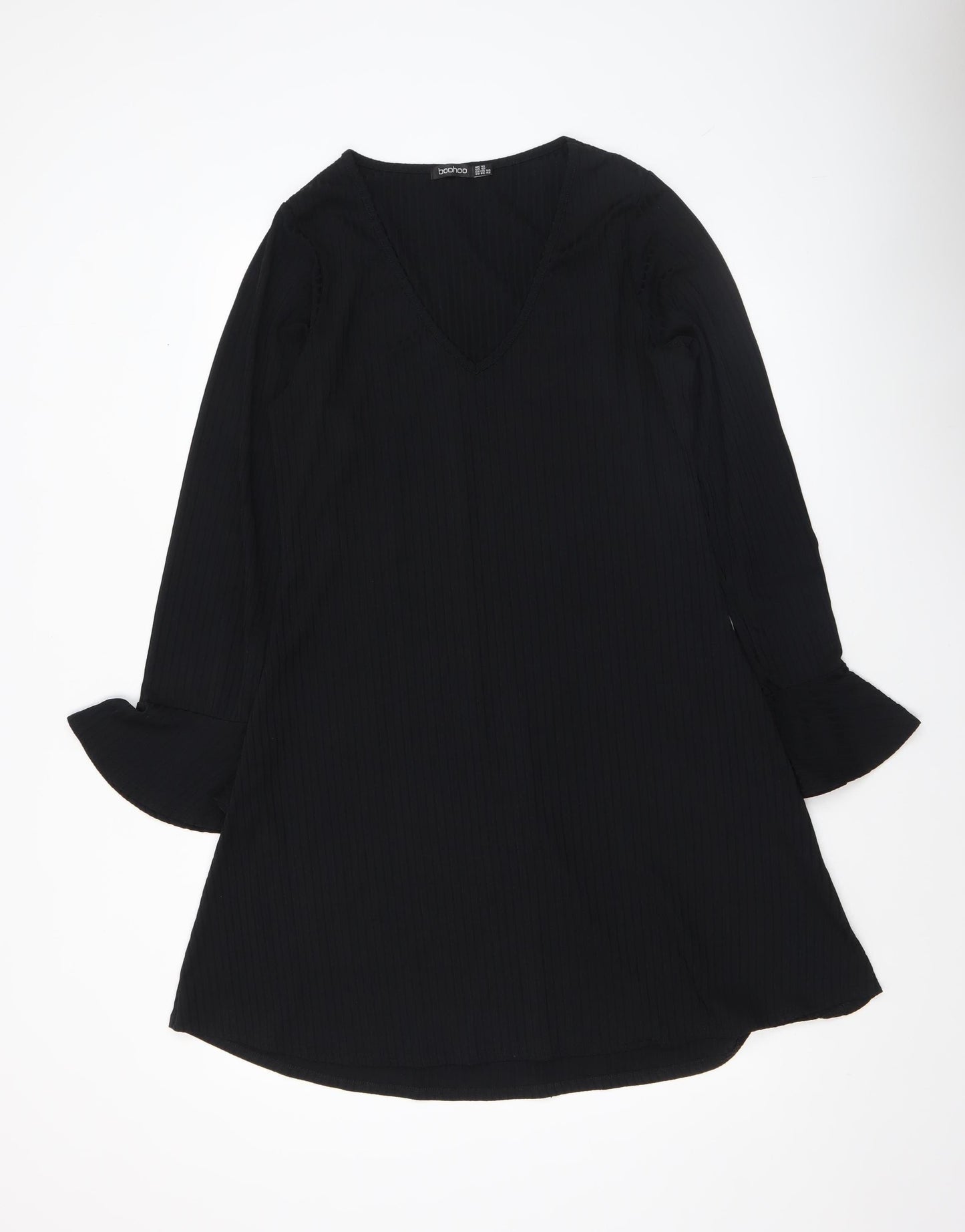 Boohoo Women Black Size 14 V-Neck Long Sleeve Shift Dress