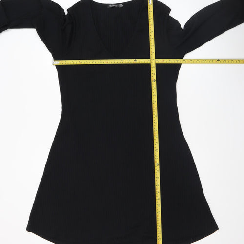Boohoo Women Black Size 14 V-Neck Long Sleeve Shift Dress