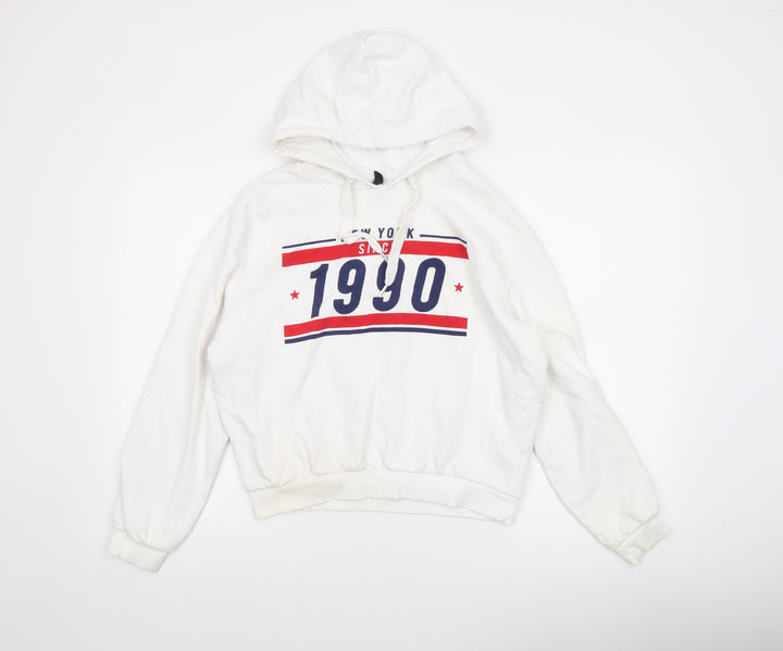 H&M Divided Women's White Hoodie Size 12 Graphic 1990 Pullover