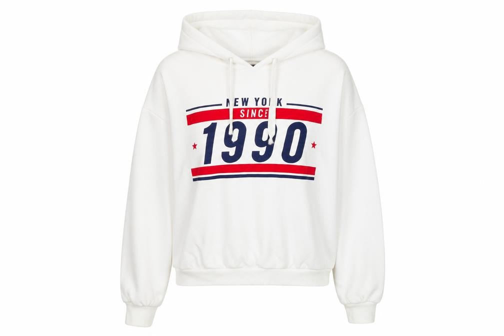 Front view of H&M Divided Women's White Hoodie, size 12, Graphic 1990 Pullover