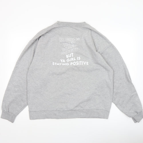 Boohoo Women Grey XL Pullover Sweatshirt Graphic Print Crew Neck