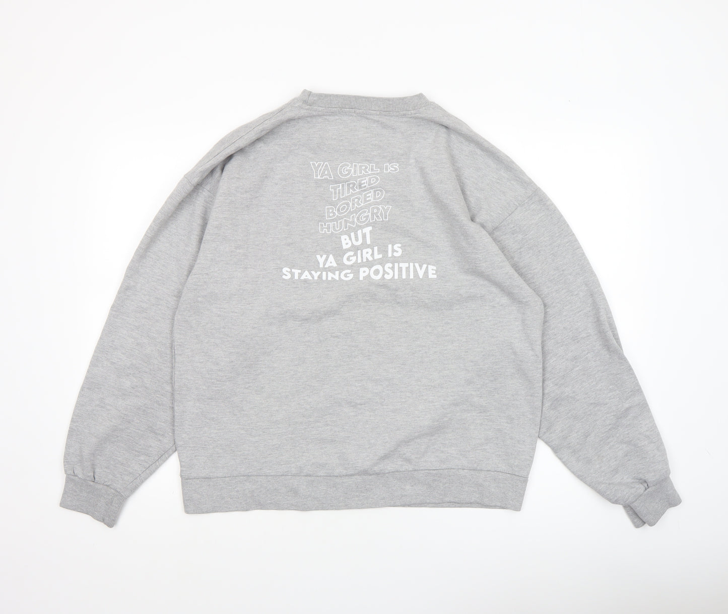 Boohoo Women Grey XL Pullover Sweatshirt Graphic Print Crew Neck