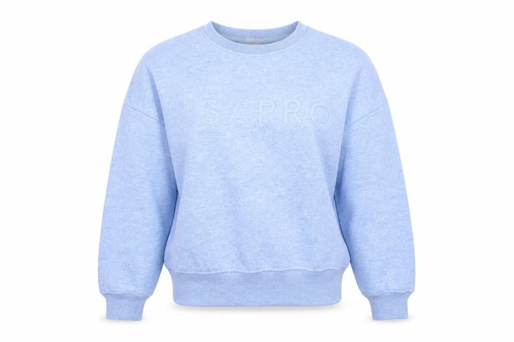 Front view of USA Pro women’s blue crew neck pullover sweatshirt, size UK 14
