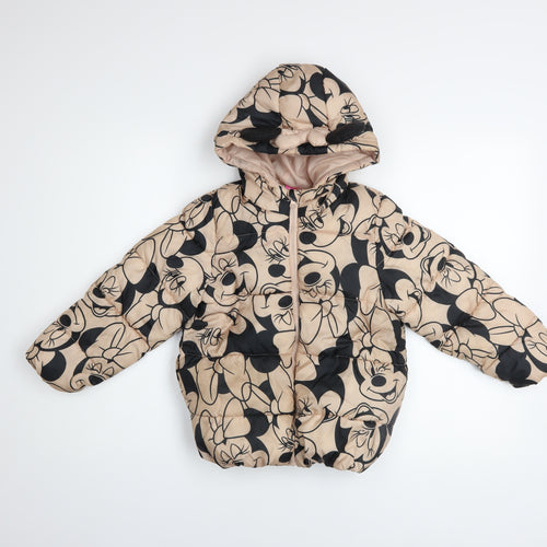 Disney Girls Beige Minnie Mouse Hooded Puffer Jacket Size 7 Years