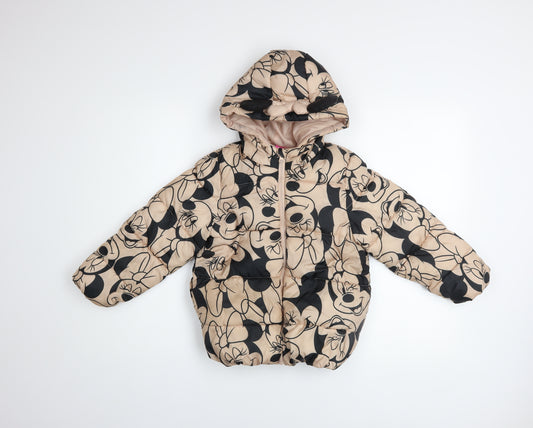 Disney Girls Beige Minnie Mouse Hooded Puffer Jacket Size 7 Years