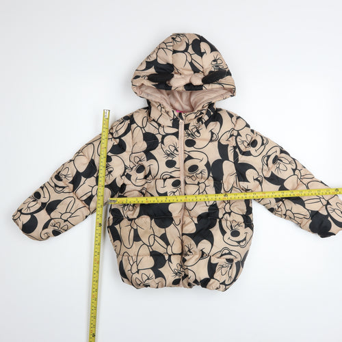 Disney Girls Beige Minnie Mouse Hooded Puffer Jacket Size 7 Years