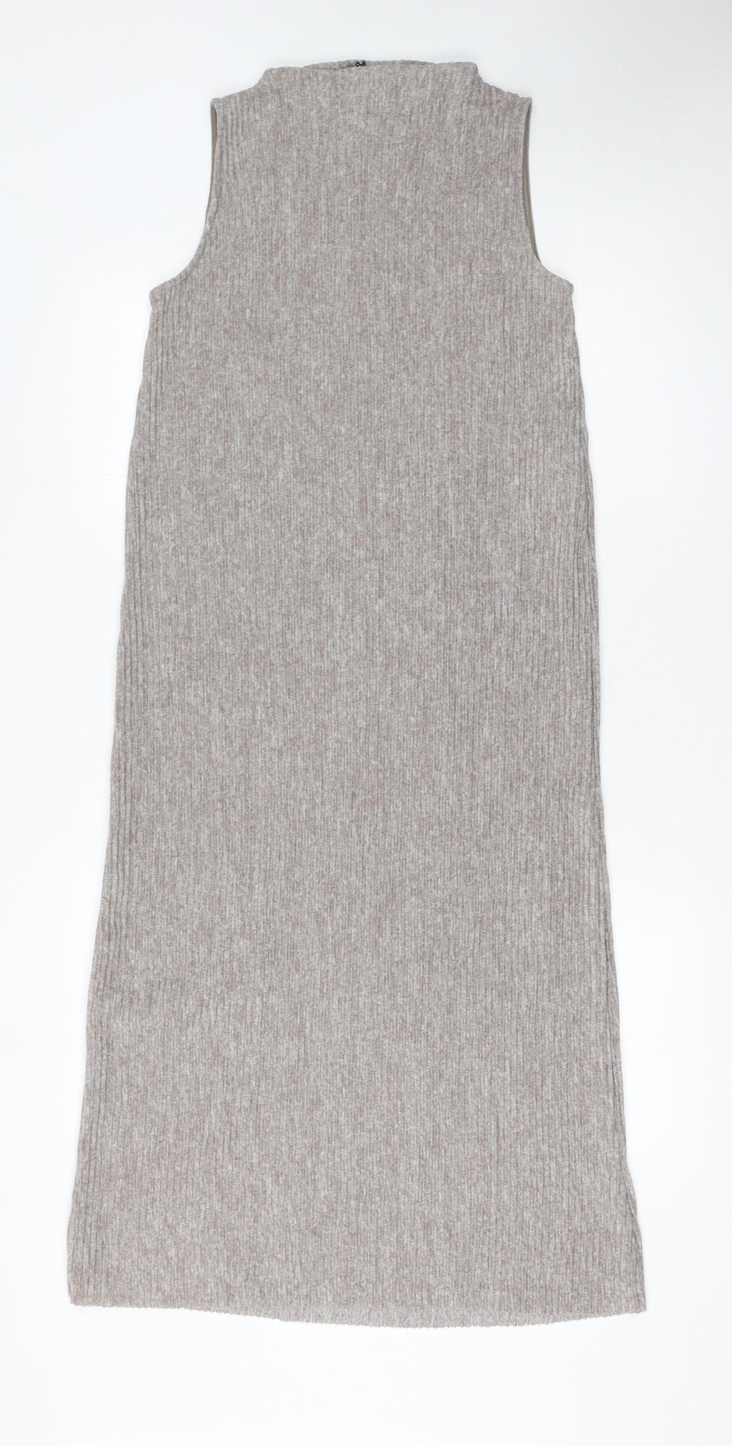 Zara Women Beige Sleeveless High Neck Knit Midi Tank Dress S