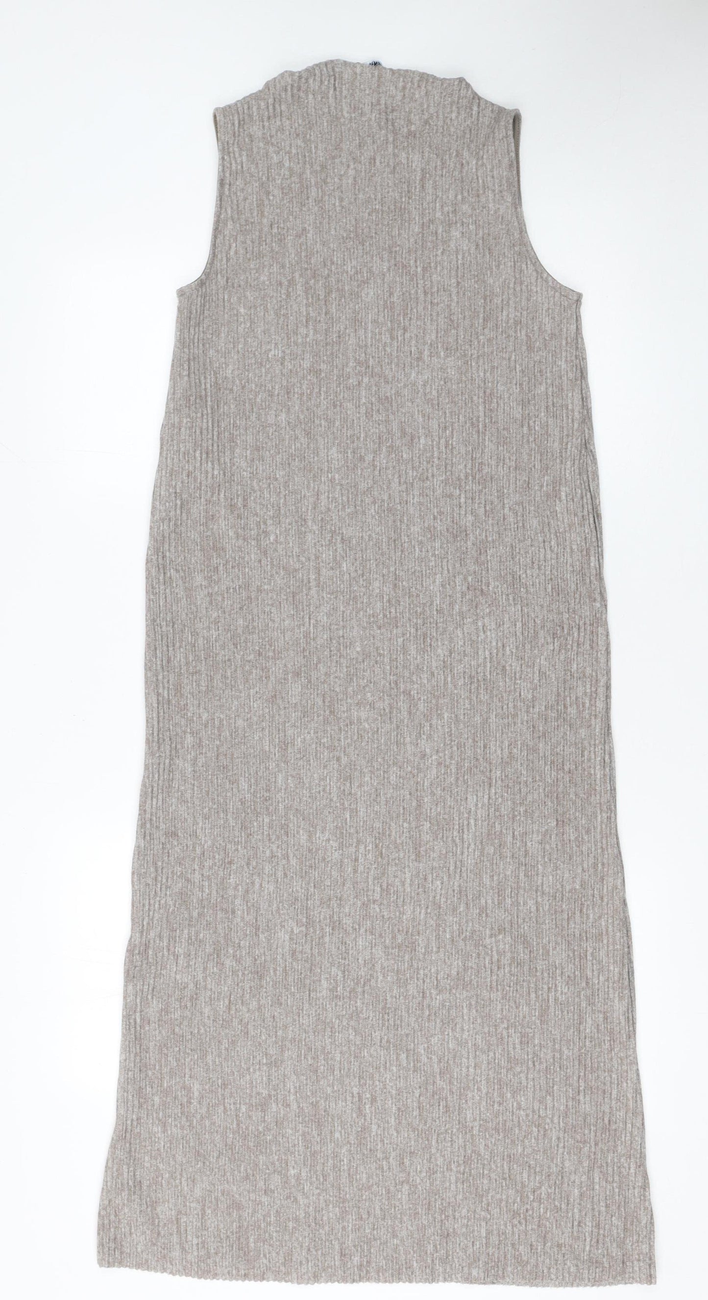 Zara Women Beige Sleeveless High Neck Knit Midi Tank Dress S