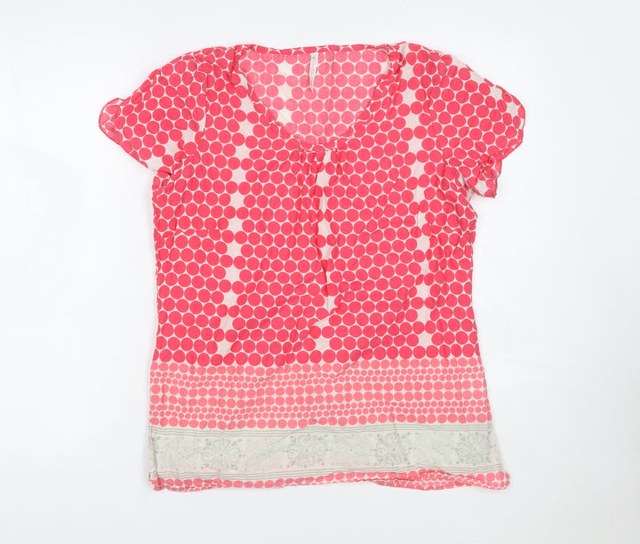 ZE-ZE Women's Pink Polka Dot Cotton Tunic Blouse M Short Sleeve