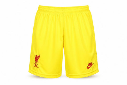 Front view of Nike boys’ yellow liverpool fc football athletic shorts, size 176