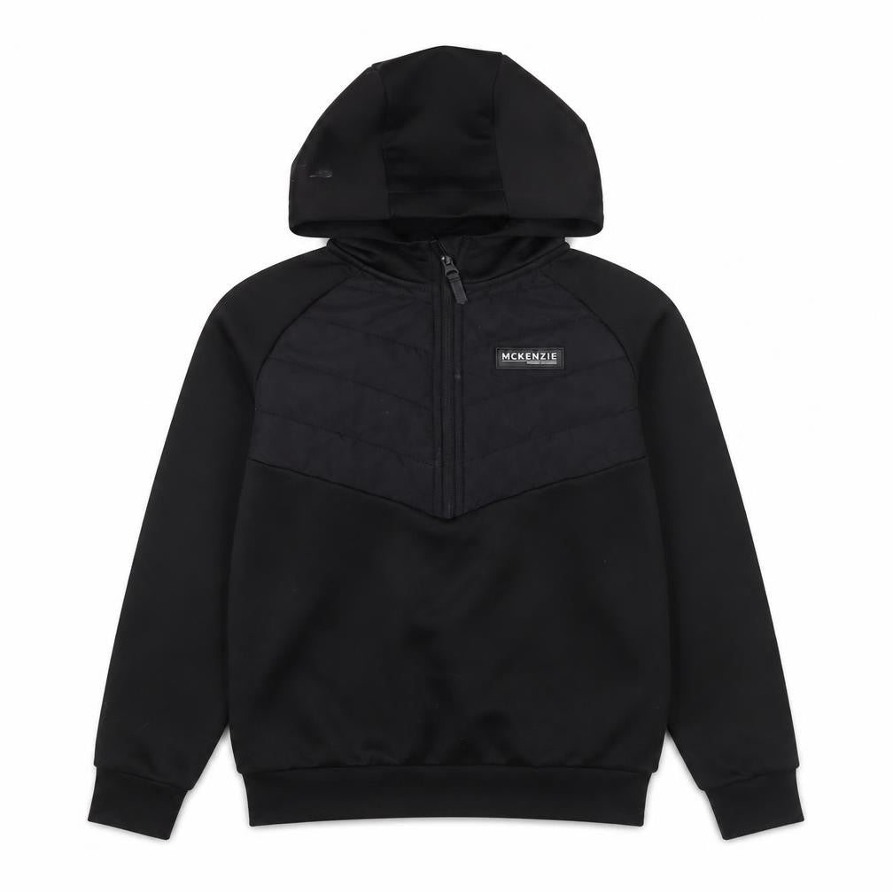 Front view of McKenzie boys’ black 10-12 years 1/2 zip hooded pullover sweatshirt