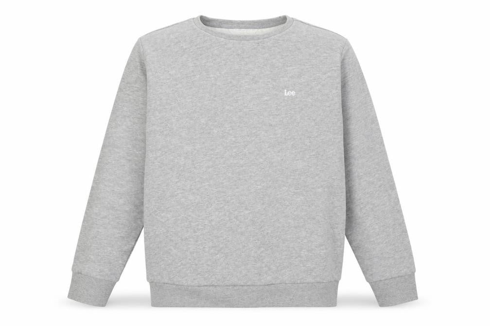 Front view of Lee men’s grey regular fit crew neck sweatshirt, size M